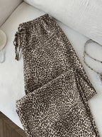 Retro Fashion Leopard Print Wide-leg Pants, Elastic Waistband, Suitable for Vacation, Shopping, Dates, Parties, Daily Casual Wear, All-season Style, Versatile Style. - Light Beige