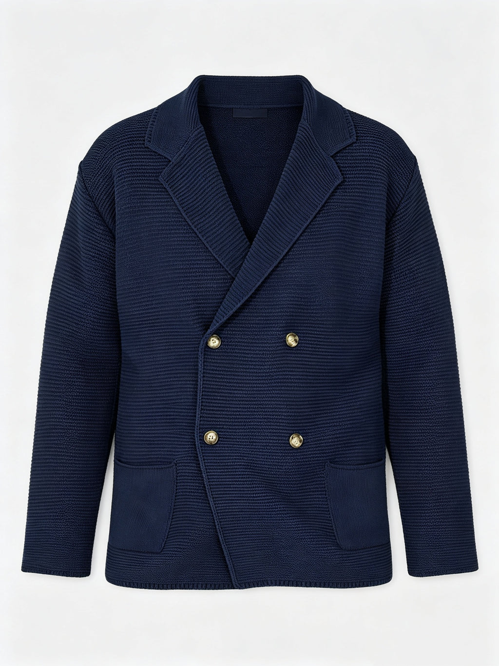 Men's New Autumn/Winter Double-Breasted Knit Jacket, Loose Fit Casual Suit-Style Top with Lapel. European/American Style Men's Notched Lapel Knit Cardigan with Double-Breasted Design, Versatile Outerwear for Spring/Autumn, Suitable for Both Commuting - Deep Blue