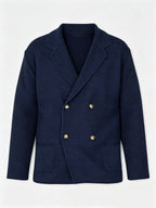Men's New Autumn/Winter Double-Breasted Knit Jacket, Loose Fit Casual Suit-Style Top with Lapel. European/American Style Men's Notched Lapel Knit Cardigan with Double-Breasted Design, Versatile Outerwear for Spring/Autumn, Suitable for Both Commuting - Deep Blue
