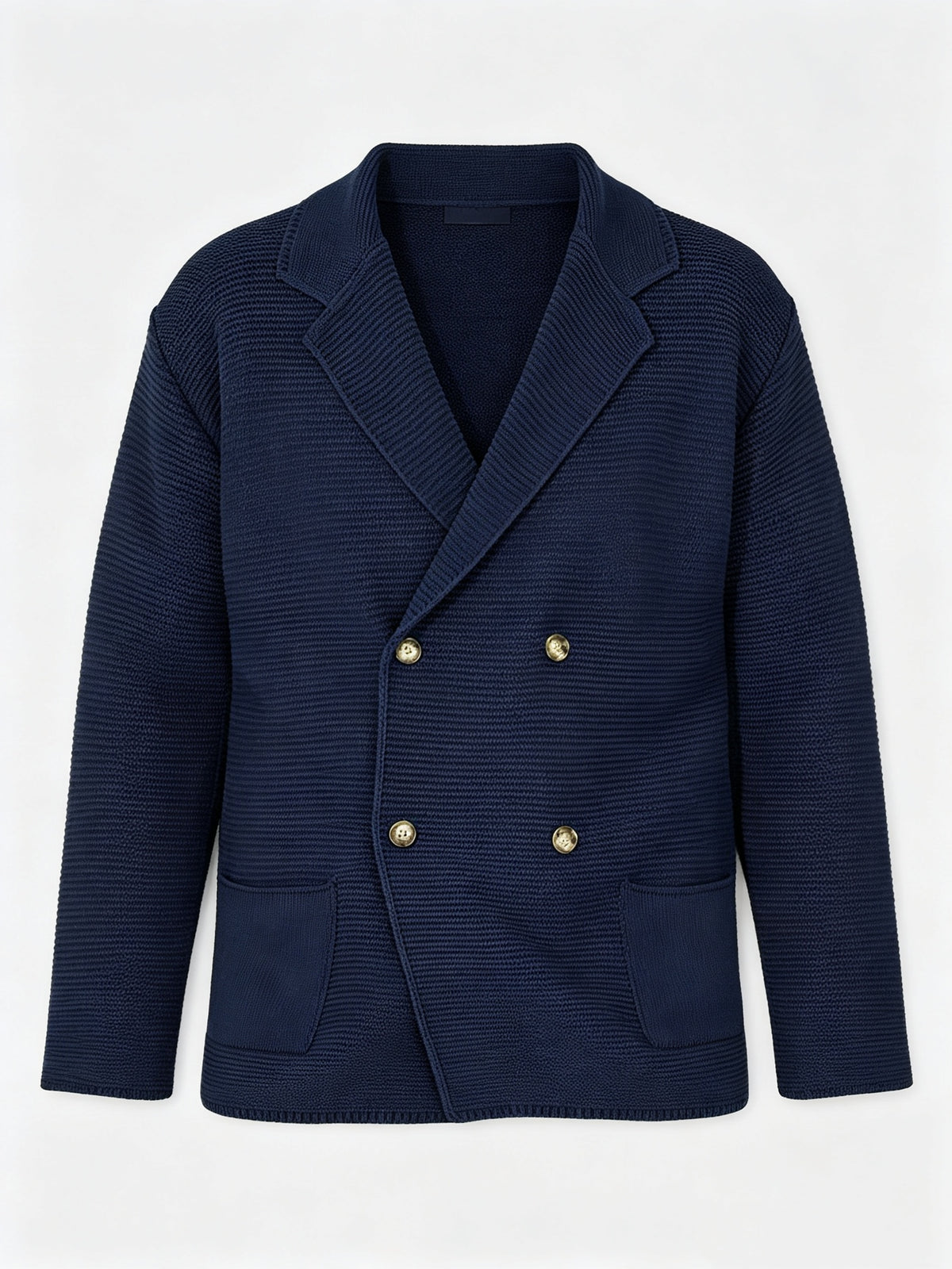 Men's New Autumn/Winter Double-Breasted Knit Jacket, Loose Fit Casual Suit-Style Top with Lapel. European/American Style Men's Notched Lapel Knit Cardigan with Double-Breasted Design, Versatile Outerwear for Spring/Autumn, Suitable for Both Commuting - Deep Blue