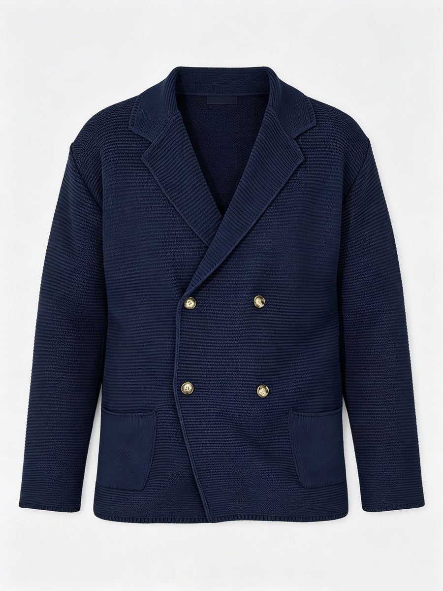Men's New Autumn/Winter Double-Breasted Knit Jacket, Loose Fit Casual Suit-Style Top with Lapel. European/American Style Men's Notched Lapel Knit Cardigan with Double-Breasted Design, Versatile Outerwear for Spring/Autumn, Suitable for Both Commuting - Deep Blue