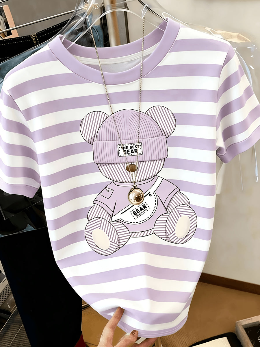 Printed Design – Not Textured: Women's Casual Striped Bear Print Crew Neck T-Shirt, the Perfect Summer Gift for Women - Mixed Color 3