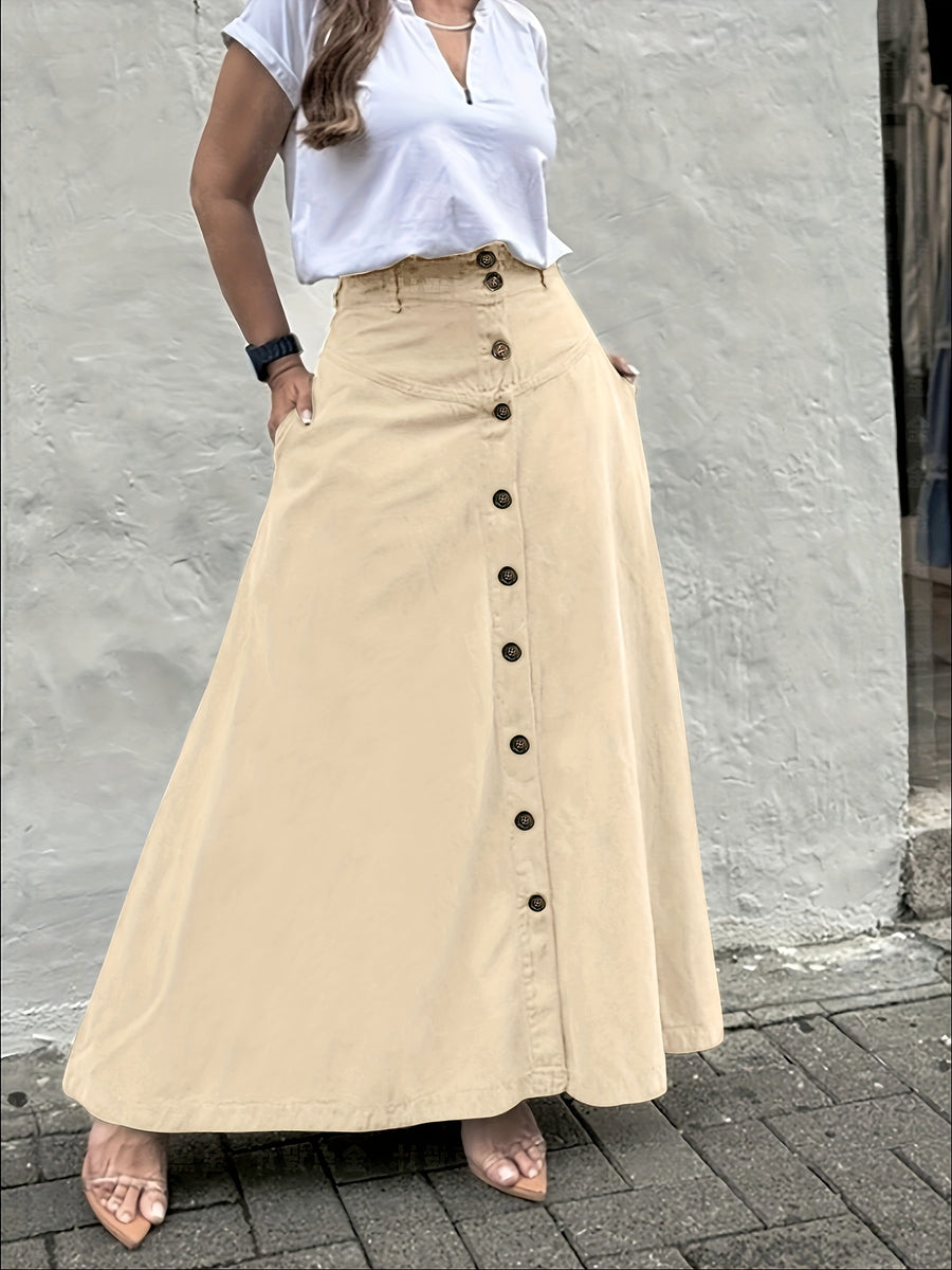 Women's Elegant Solid Color High Waist Mid-Long Skirt, Fashionable and Practical with Pockets and Button Front Slit A-line Skirt, Can be Worn in Spring, Summer, Autumn and Winter - Wheat-colored