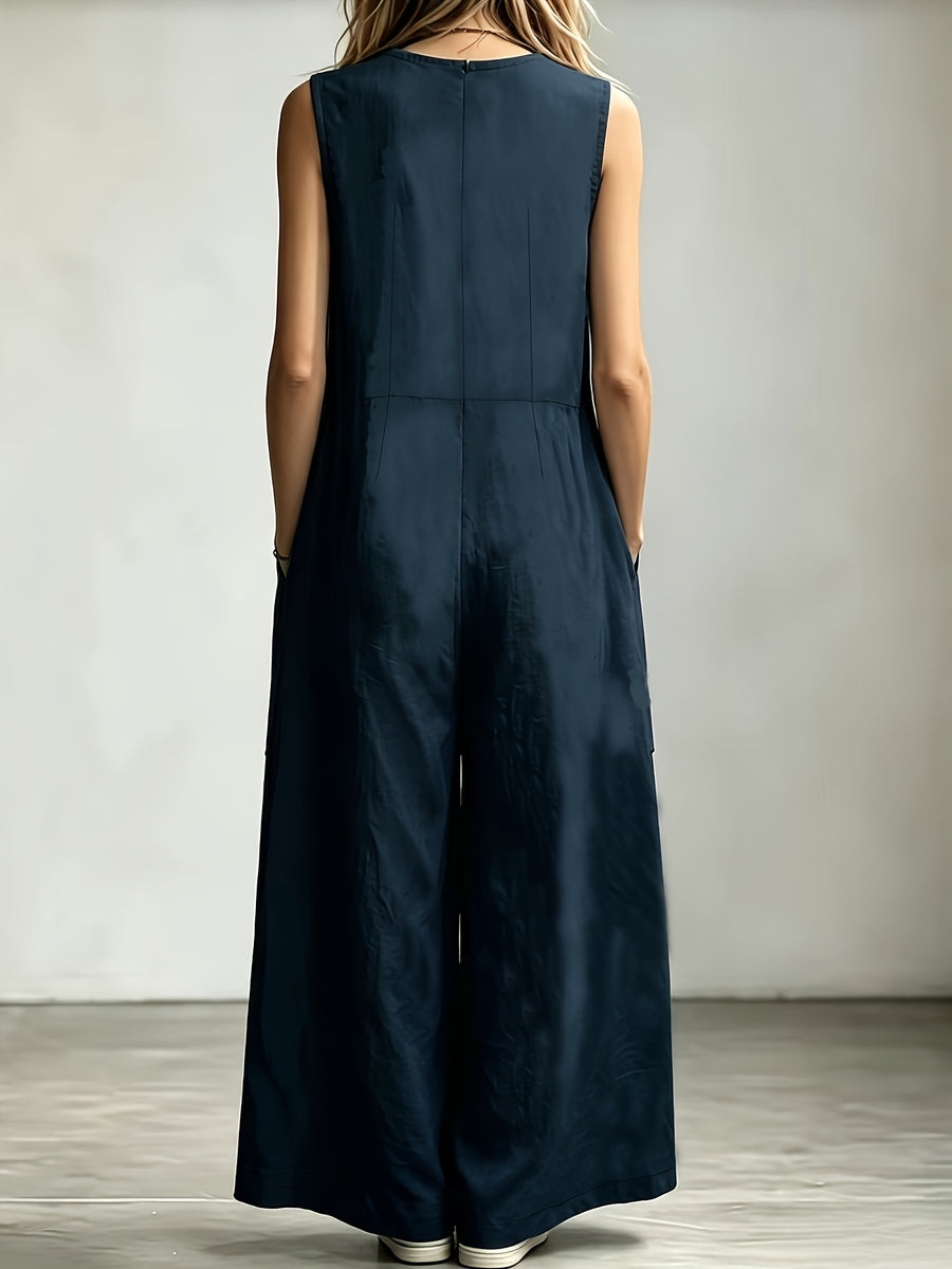 2026 New Cross-Border Women's Fashion Elegant Temperament Casual Outing Summer Solstice Solid Color Sleeveless Round Neck Wide-Leg Jumpsuit - Navy Color