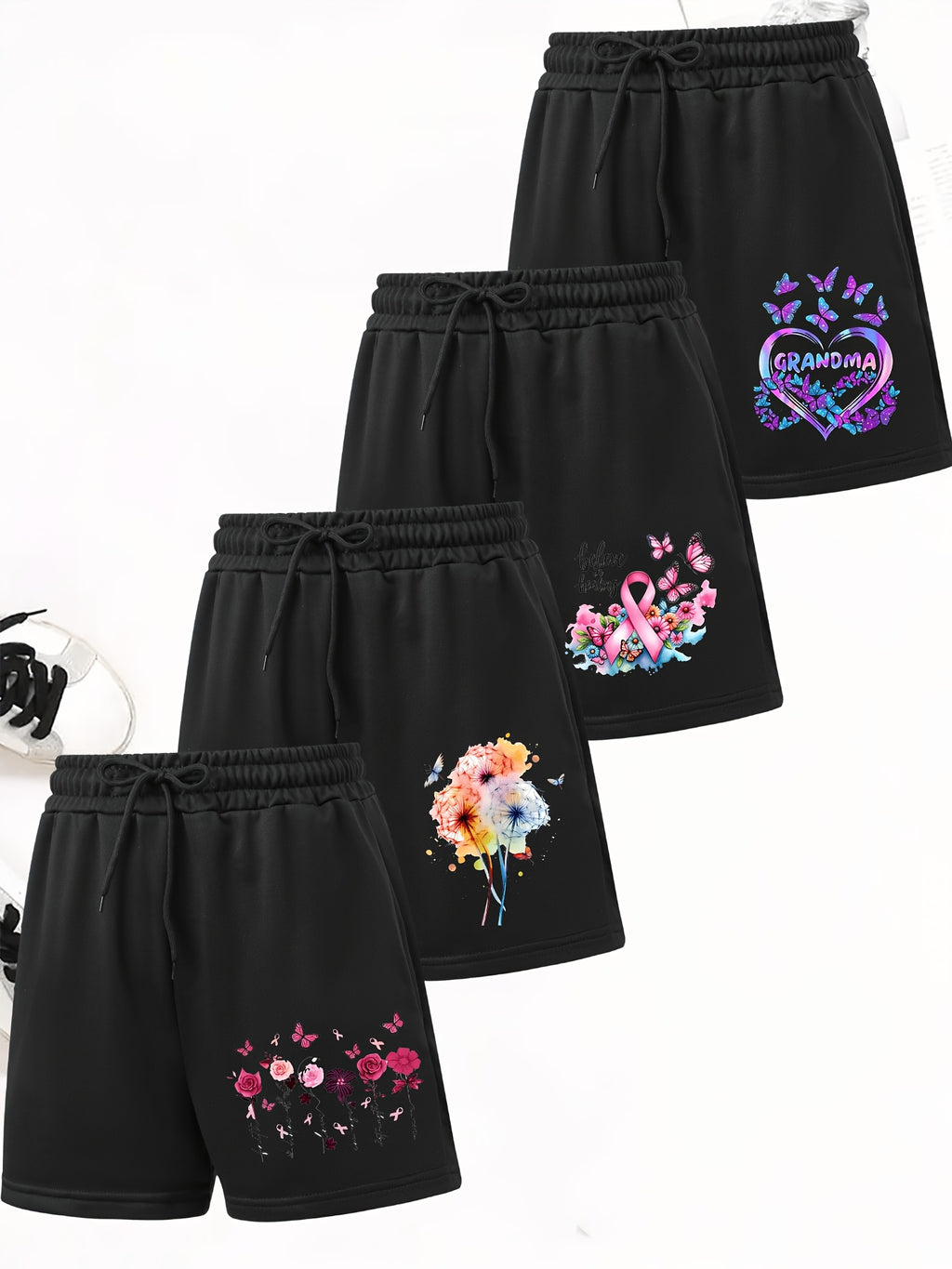 4pcs Women's Elegant Casual Jogger Shorts - Floral Print, Drawstring Loose Fit Summer Vacation Sweatpants, Machine Washable - 4 Pieces Black