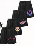 4pcs Women's Elegant Casual Jogger Shorts - Floral Print, Drawstring Loose Fit Summer Vacation Sweatpants, Machine Washable - 4 Pieces Black