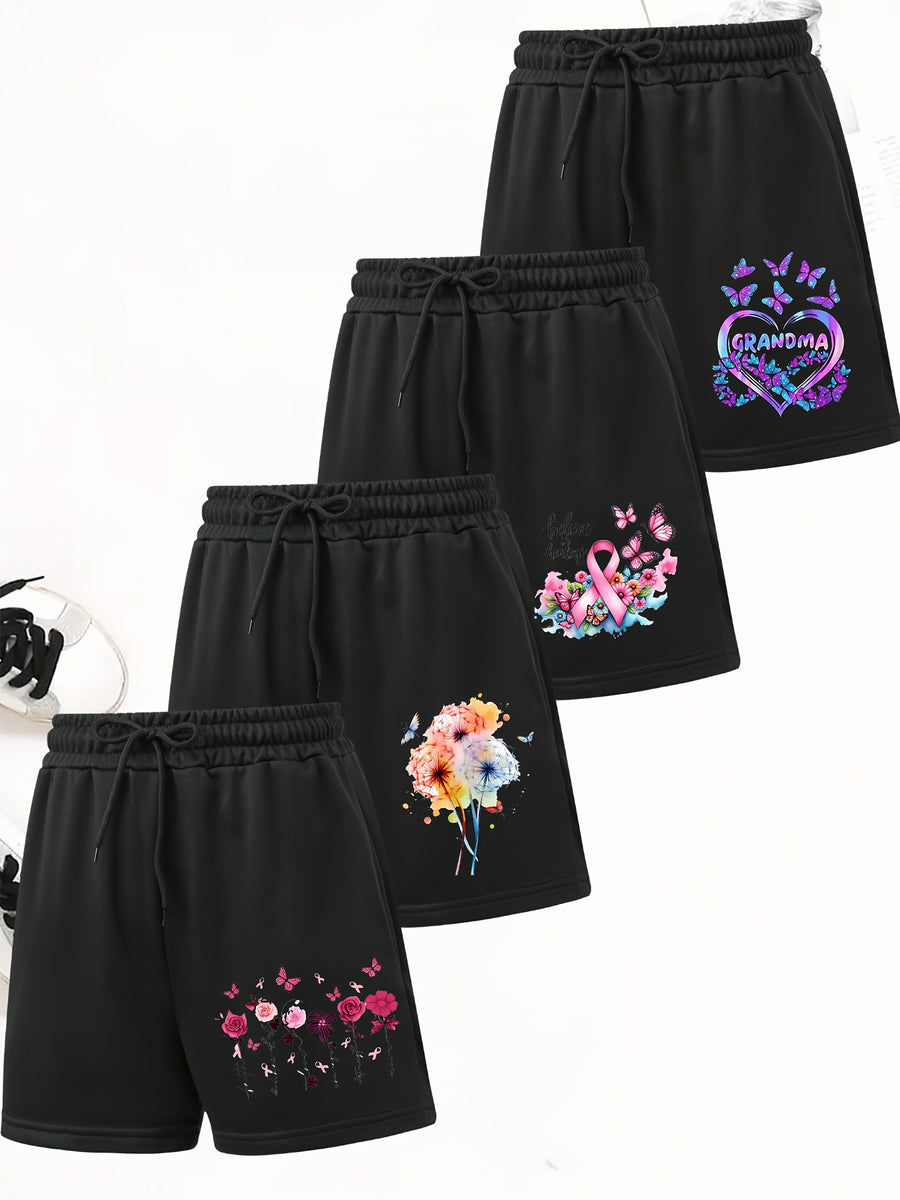 4pcs Women's Elegant Casual Jogger Shorts - Floral Print, Drawstring Loose Fit Summer Vacation Sweatpants, Machine Washable - 4 Pieces Black