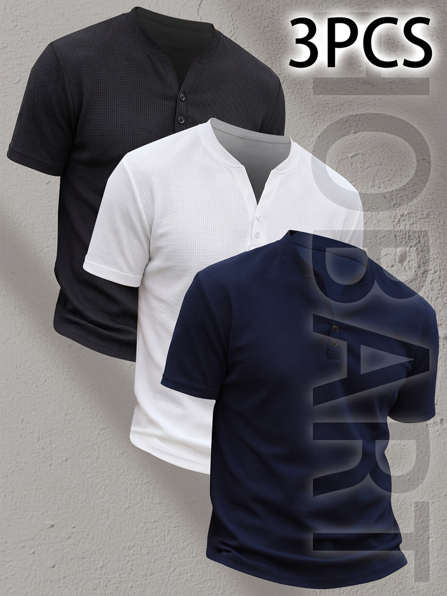 3pcs Men'S Henley Short Sleeve T-Shirts - Breathable Waffle Knit Summer Casual Tees with Button Front, Solid Color Round Neck, Machine Washable for Outdoor & Casual Wear, Stylish Button Detail, Lightweight Fabric, Easycare Material - Type 13
