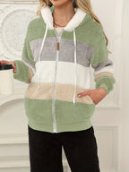 Women's Fuzzy Hooded Jacket Color Block Zip-Up Coat Warm Outerwear with Pockets for Autumn Winter Casual Outdoor Wear - Ocean Green