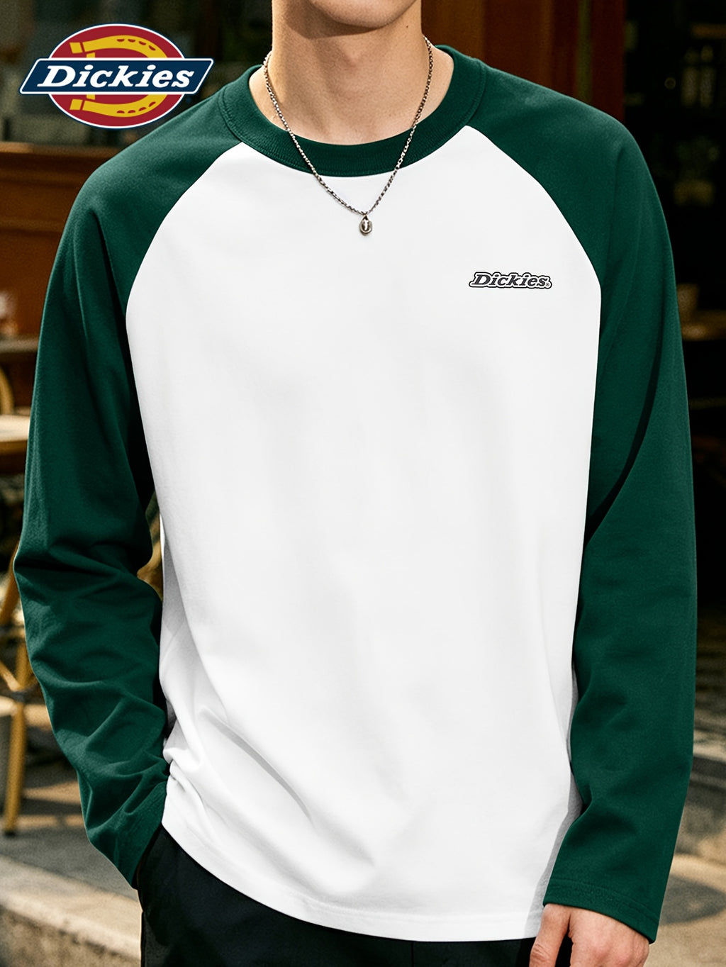 Dickies 2026 New Style Long Sleeve T-Shirt Men'S Spring Trendy American Retro Color-Block Raglan Sleeve Design Pure Tee Men'S All-Color Raglan Round Neck Long T - Green