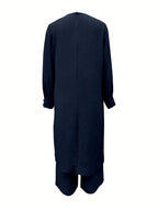 Ramadan, Women's Front-Button Long Sleeve Slit Dress & Pants Casual Arabic Style 2pcs Set, Only Clothes, Without Headscarf - Navy blue color
