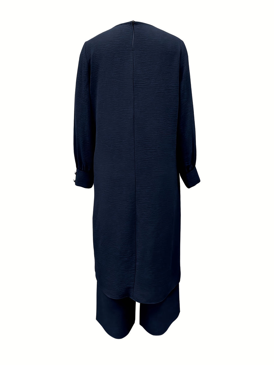 Ramadan, Women's Front-Button Long Sleeve Slit Dress & Pants Casual Arabic Style 2pcs Set, Only Clothes, Without Headscarf - Navy blue color