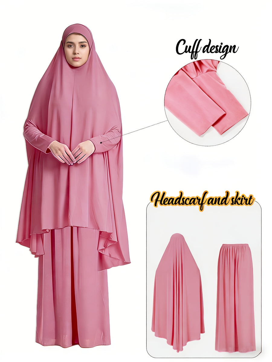 2pcs Women'S Solid Color Robe And Skirt Set, a Conservative And Elegant Outfit for Everyday Wear, Featuring Sleeves Inspired by Middle Eastern Traditional Culture, Abayas - Rose Red