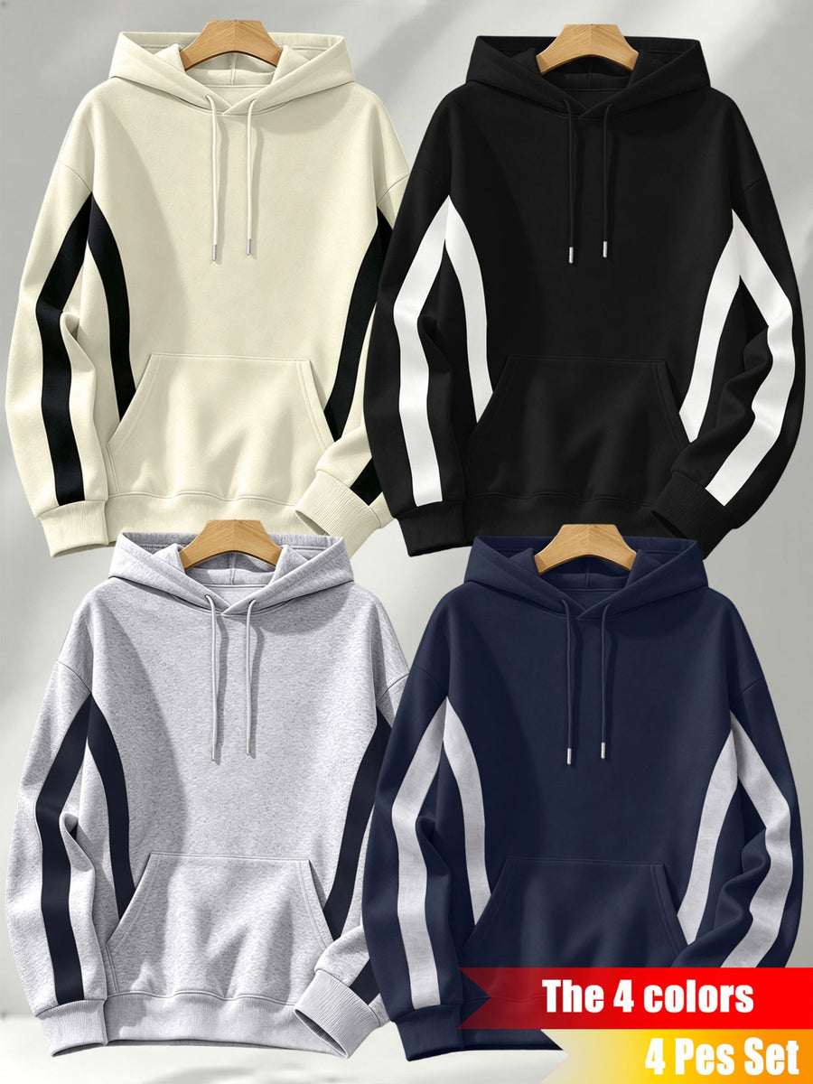 4pcs Set: Autumn/Winter Men's Pullover Hooded Sweatshirt with Diagonal Contrast Color Line Cut on Sleeves, Street Style Top. Features Adjustable Drawstring and Large Kangaroo Pocket for Storing Phones and Small Items. Made of Skin-Friendly - Apricot + Navy Blue + Gray + Black