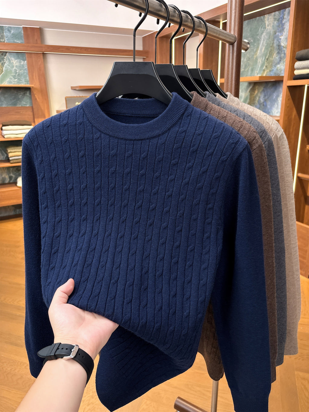 Autumn Winter Knit 3D Solid Round Neck Jacquard Sweater, Basic Thickened Pullover Top, Men'S Fashion Knit Long Sleeve, Jia A - Navy Color