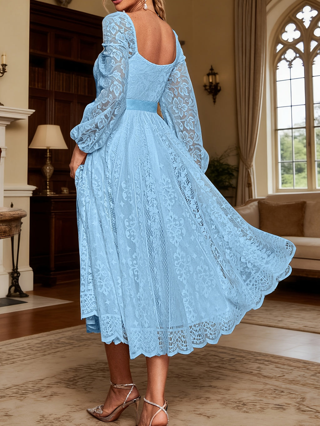 Wedding Guest Dress Long Sleeve Lace Gown Bridesmaid Dress Button Square Neck Elegant Fashionable Soft Dress Romantic Evening Dress - Sky Blue