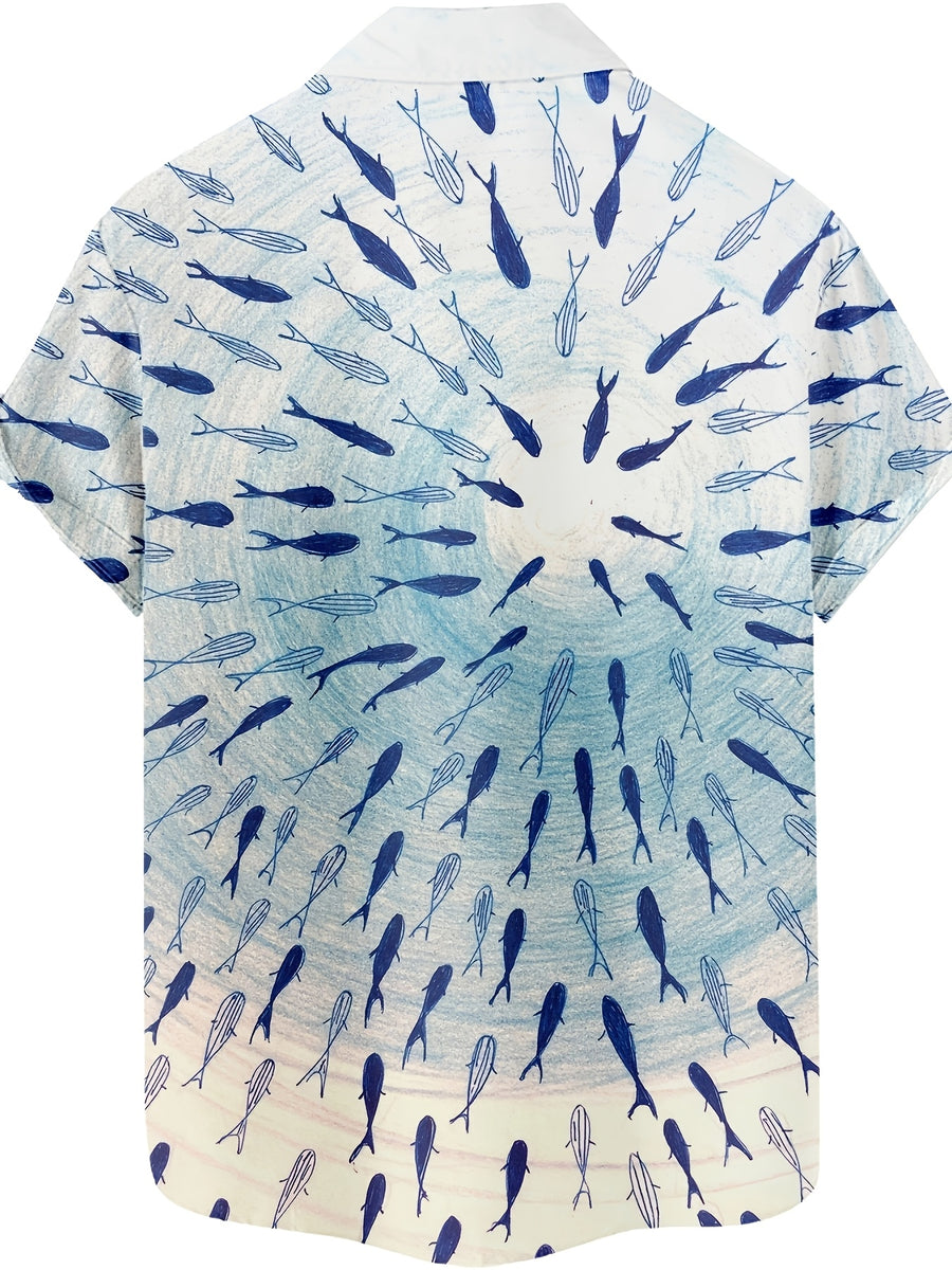 Vintage Abstract Art Fish Pattern 3D Print Men's Fashion Casual Shirt,  Hip-Hop Rock Streetwear Men's Summer Apparel Hawaiian Shirt - Multicolor