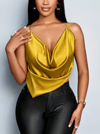Women'S Summer Sexy Solid Color Deep V-Neck Drapey Cross-Strap Cami Top - Golden