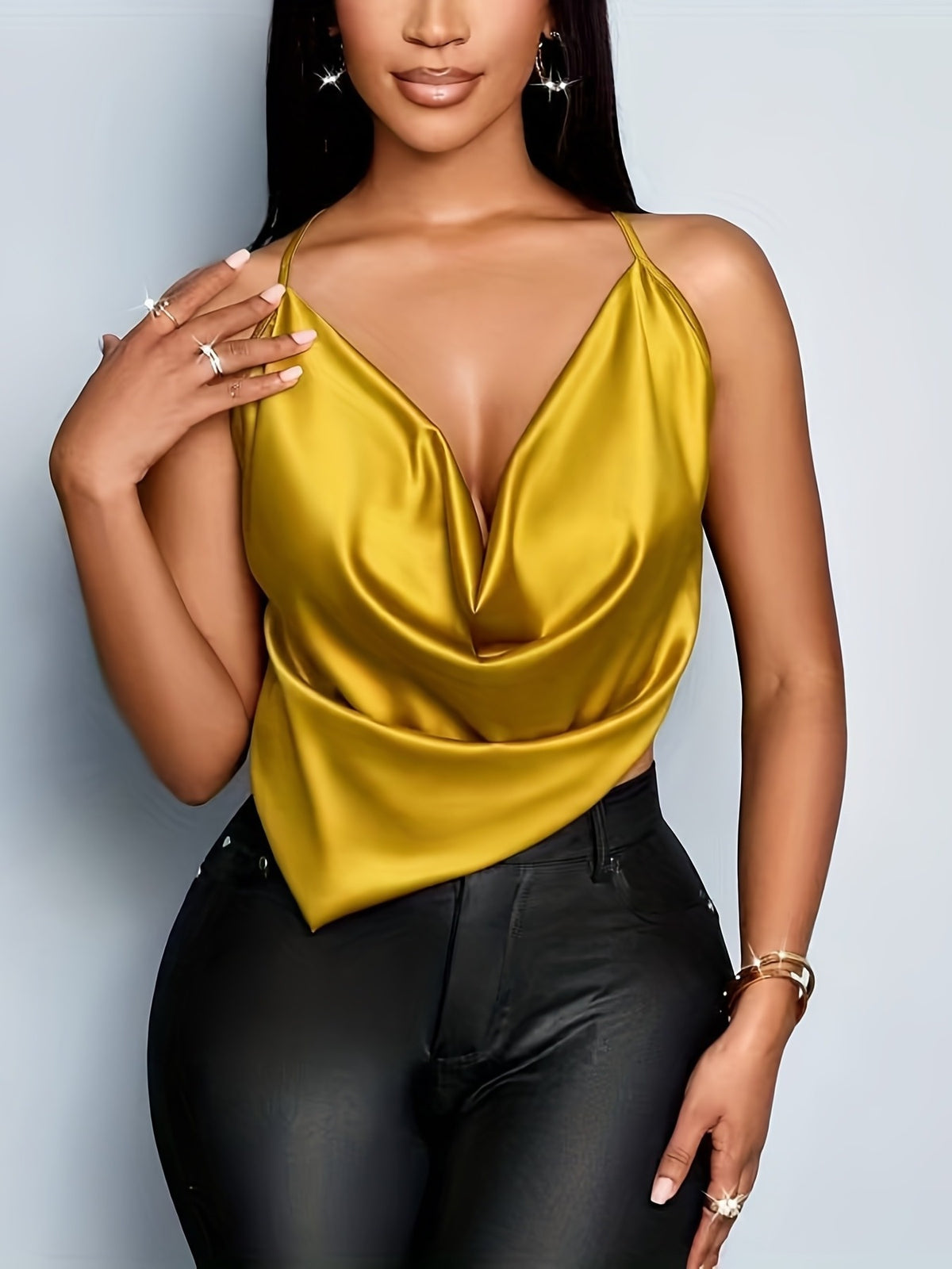 Women'S Summer Sexy Solid Color Deep V-Neck Drapey Cross-Strap Cami Top - Golden