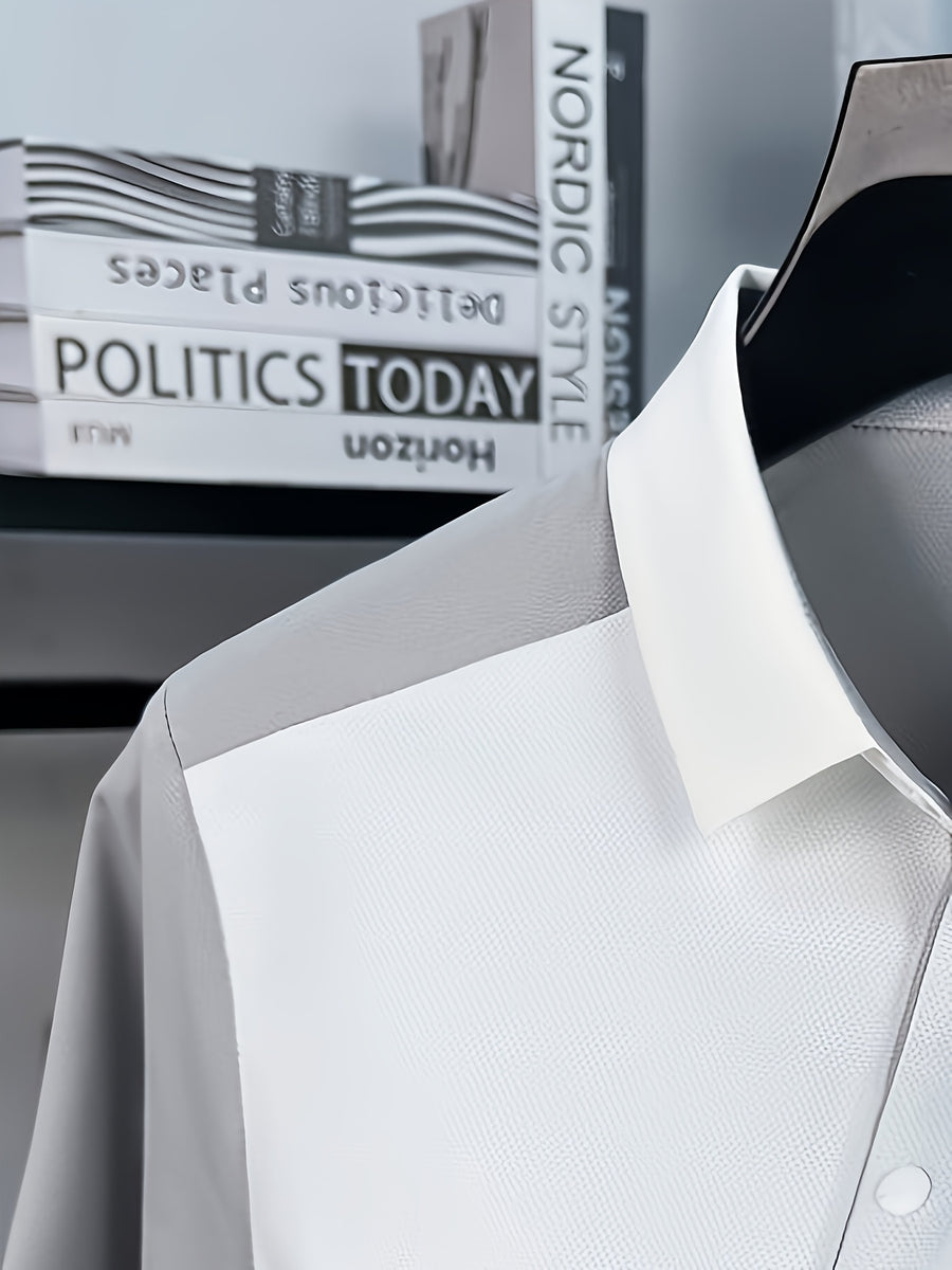 Men's Summer Lapel Polo Shirt - Contrast Color Short-Sleeve T-Shirt with Lapel Collar & Asymmetrical Hem, Breathable Business Casual Top Suitable for Work, Office, Semi-Formal Wear, Machine Washable Regular Fit - White