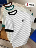 3pcs Men'S Casual Round Neck T-Shirts, Striped Pattern Design, Drapey Fashion Tops, All-Season Comfortable Wear, Breathable Regular Fit for Casual And Formal Outfits - Round Neck Casual Shirts, Comfortable Fit, Gift for Teens And Adults - Mixed colors