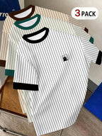 3pcs Men'S Casual Round Neck T-Shirts, Striped Pattern Design, Drapey Fashion Tops, All-Season Comfortable Wear, Breathable Regular Fit for Casual And Formal Outfits - Round Neck Casual Shirts, Comfortable Fit, Gift for Teens And Adults - Mixed colors