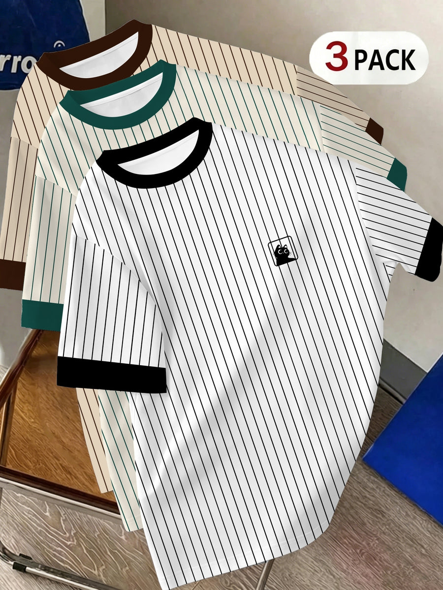 3pcs Men'S Casual Round Neck T-Shirts, Striped Pattern Design, Drapey Fashion Tops, All-Season Comfortable Wear, Breathable Regular Fit for Casual And Formal Outfits - Round Neck Casual Shirts, Comfortable Fit, Gift for Teens And Adults - Mixed colors