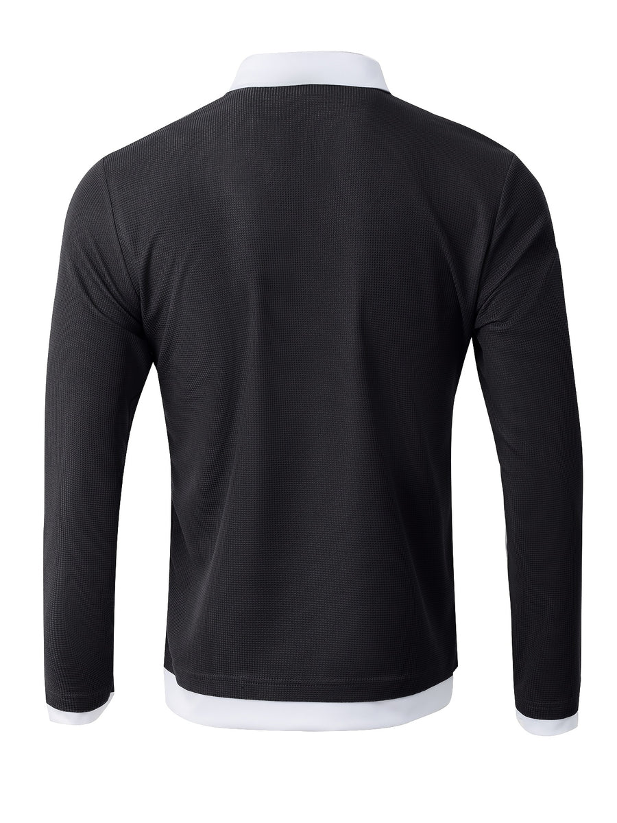 New Men's Textured Waffle Knit Outdoor Casual Fashion Street Sport Shirt, Comfortable, Breathable, and Stylish Men's Apparel - Black