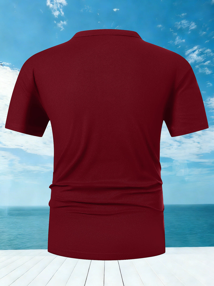 Men's Summer Short-Sleeve Henry Button-Front Shirt - Breathable Round Neck T-Shirt Suitable for Outdoor & Daily Wear, Casual Button Collar Blouse Style Top, Machine Washable Regular Fit for Warm Weather Wardrobe - Burgundy
