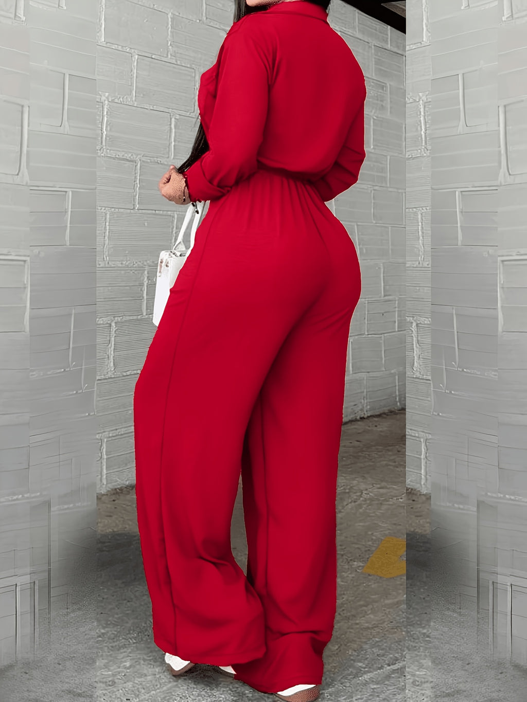 Women'S Spring Autumn Fashion Casual Shirt Button Drawstring Jumpsuit - Red