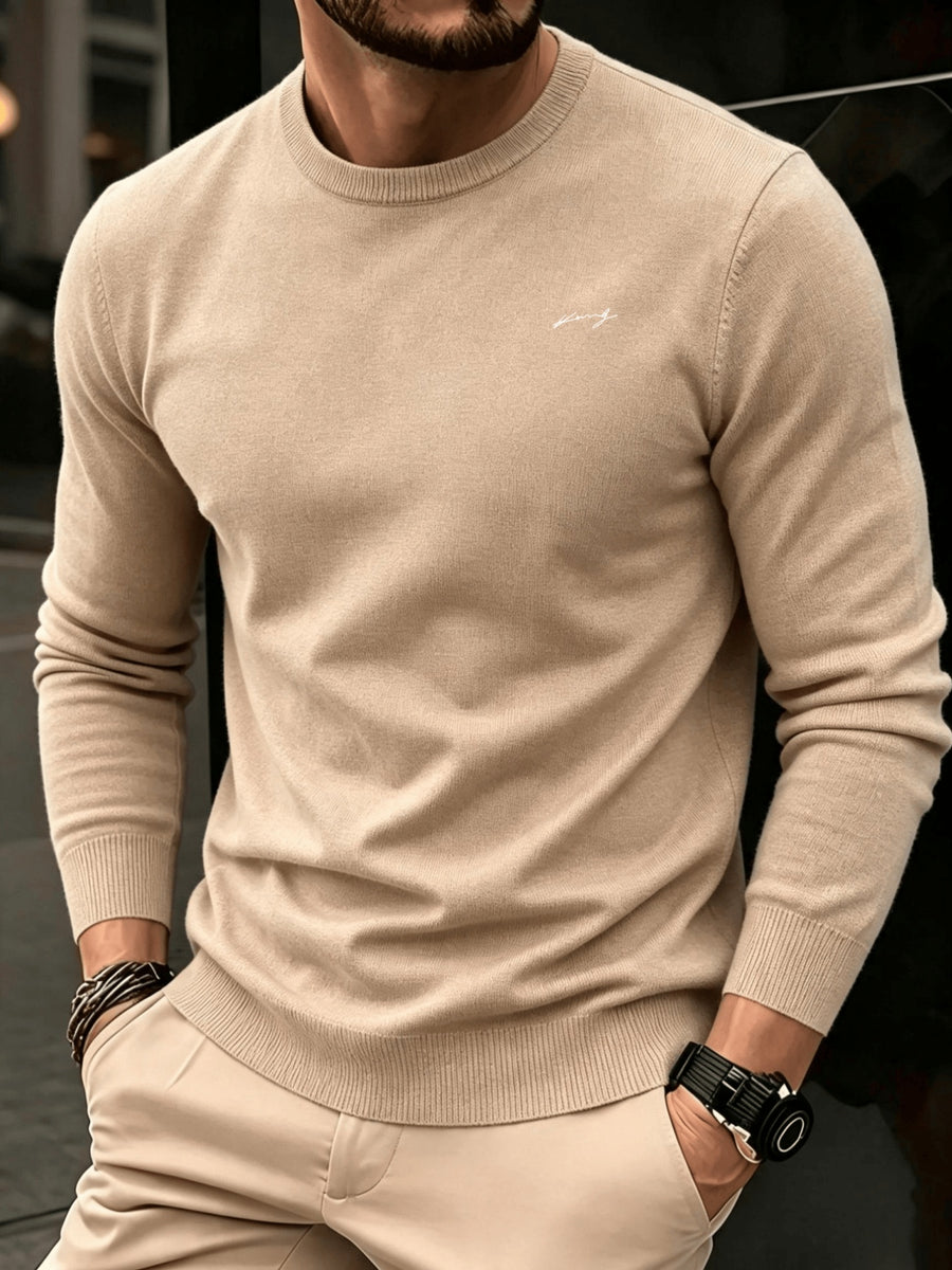 Men'S Long Sleeve Knit Sweater, Easy Style, Fashionable Men'S Clothing Regular Fit Versatile Round Neck Knit T-Shirt, Outdoor Casual Everyday Wear - Light Brown-1