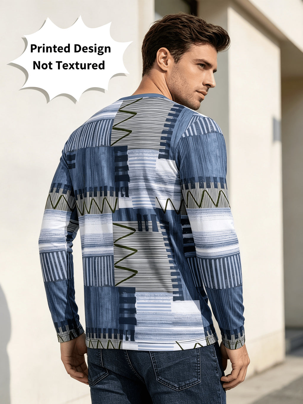 Printed Design - Not Textured Men's Crew Neck Long Sleeve Sweatshirt, Blue and White Color Block, Geometric Stripe Patchwork Art Print, Suitable for All Seasons, Vintage Style, Ideal for Daily Wear, Commuting, Casual, Fashion, Parties - Mixed colors