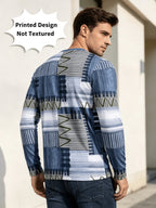 Printed Design - Not Textured Men's Crew Neck Long Sleeve Sweatshirt, Blue and White Color Block, Geometric Stripe Patchwork Art Print, Suitable for All Seasons, Vintage Style, Ideal for Daily Wear, Commuting, Casual, Fashion, Parties - Mixed colors