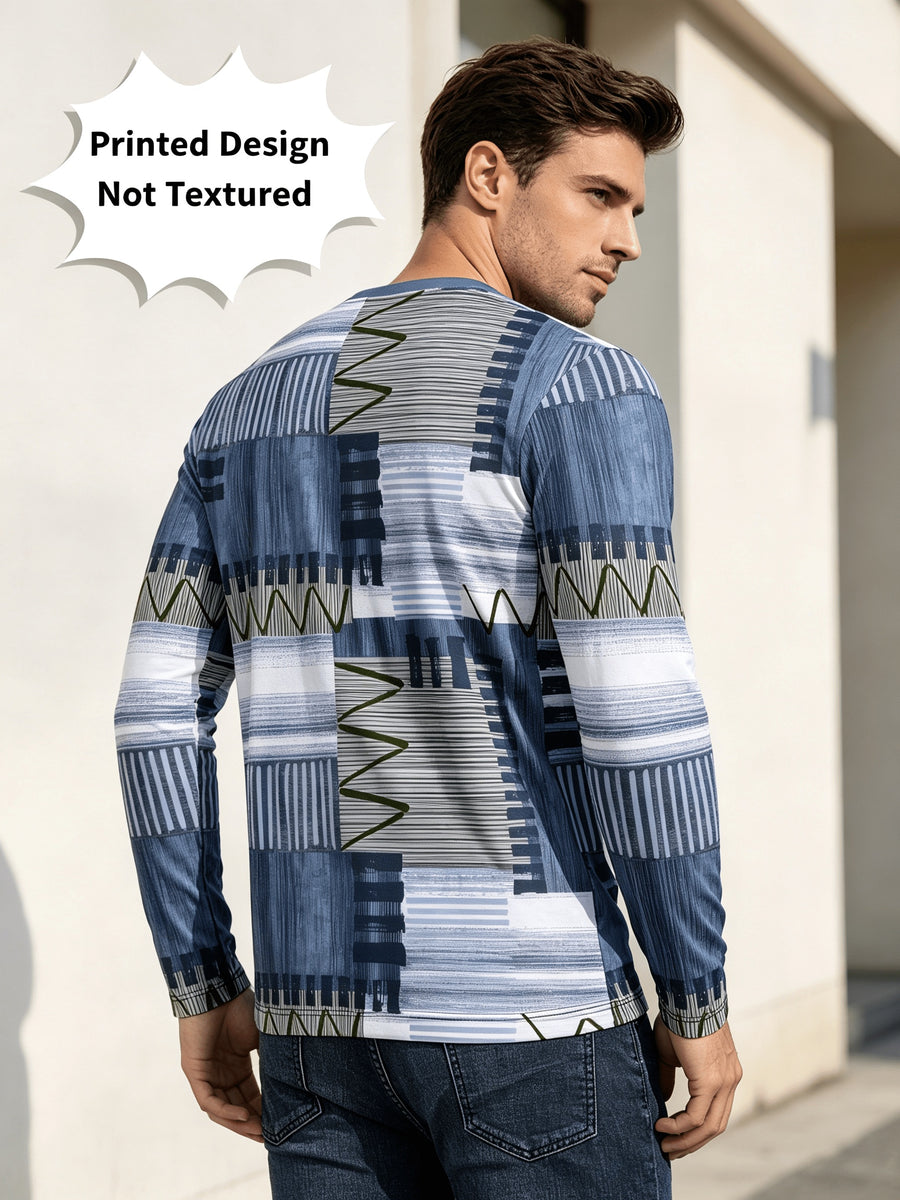 Printed Design - Not Textured Men's Crew Neck Long Sleeve Sweatshirt, Blue and White Color Block, Geometric Stripe Patchwork Art Print, Suitable for All Seasons, Vintage Style, Ideal for Daily Wear, Commuting, Casual, Fashion, Parties - Mixed colors