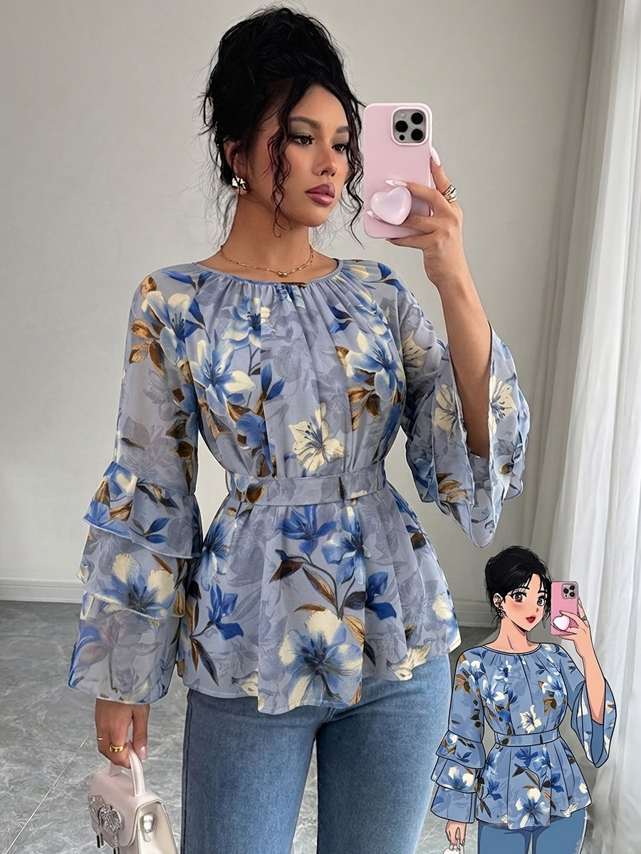 Women'S Summer Elegant Top, Chiffon Floral Print Layered Ruffle Sleeve, Waist Tie Festival Outfit, Holiday Vacation Wear Shirt - Light Blue