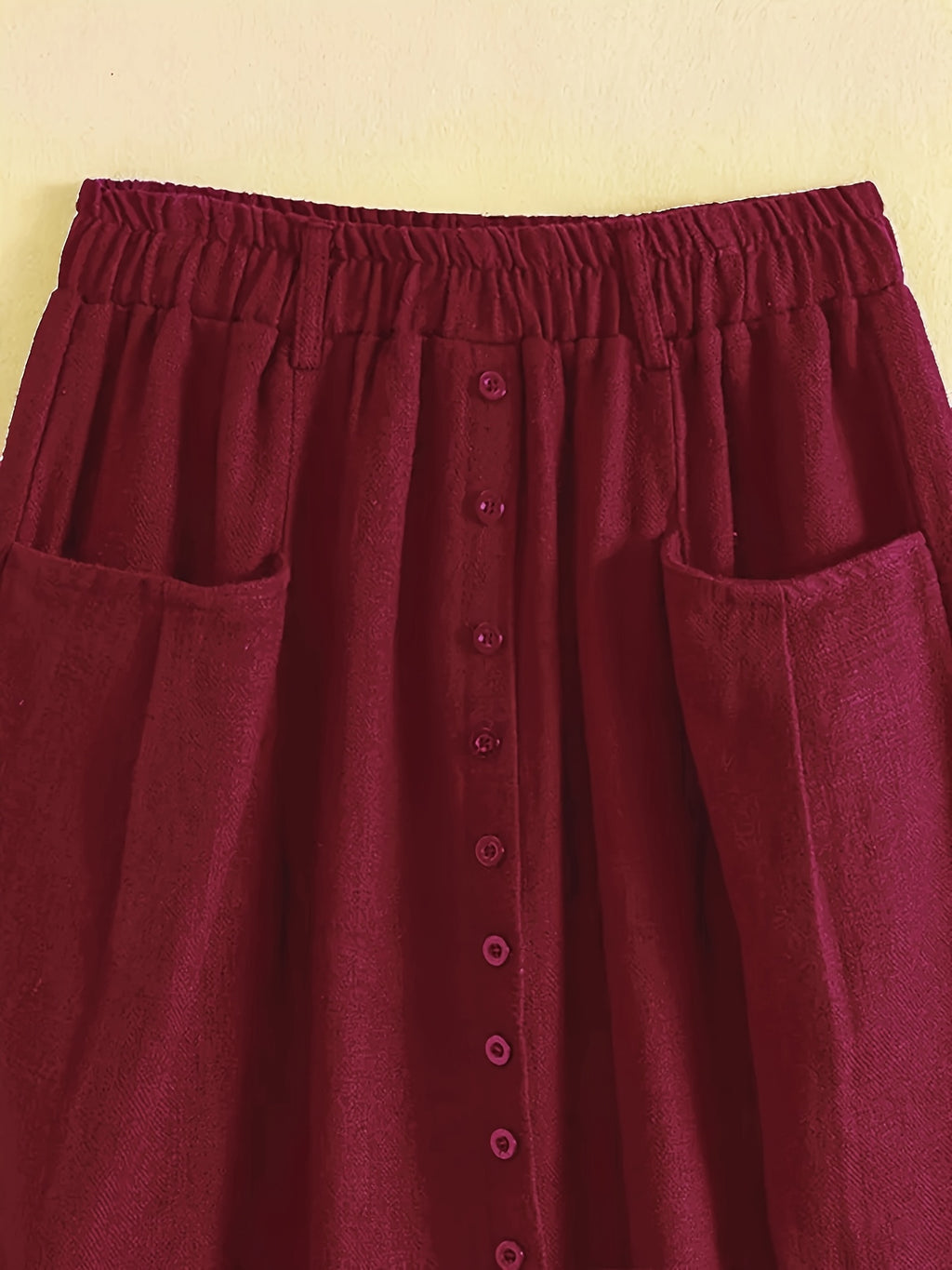 Spring/Summer/Autumn Lightweight Korean-Style Vintage Linen Loose Skirt with Elastic Waistband and Pockets, Mid-Length Women's Skirt - Burgundy