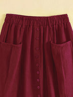 Spring/Summer/Autumn Lightweight Korean-Style Vintage Linen Loose Skirt with Elastic Waistband and Pockets, Mid-Length Women's Skirt - Burgundy