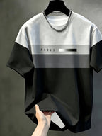 Men's Casual Crew Neck T-Shirt, Geometric Pattern Patchwork Striped Design, Draping Fashion Top, All-Season Wear, Breathable Regular Fit for Daily and Formal Outfits - Crew Neck Casual Top, Comfortable to Wear, Gift for Teens and Adults - Black