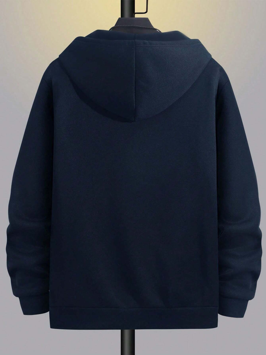 95% Polyester 5% Spandex, Men's Casual Pocket Zipper Drawstring Hooded Sweatshirt, Chest Placement Patch Embroidery, 240g Global All-Season Base Layer, Factory-Made for Men's Comfort, High Quality, High Fit Rate, Casual Sportswear - Navy Color