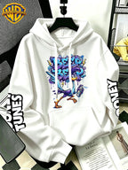 WB Warner Bros Official Men's & Women's Cyber Graffiti Runaway Bird Hoodie - Iconic WB Print Sweatshirt, Adjustable Hood, Loose Fit Warm Pullover for Fall/Winter, Machine Washable Suitable for Daily Wear & Outdoor Sports - White