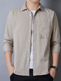 Men's Casual Pure Cotton Long-Sleeve Shirt for Spring and Autumn, Solid Color Simple Lapel Single-Pocket Shirt for Daily Commuting, Work, and Dating, Men's Top - Linen