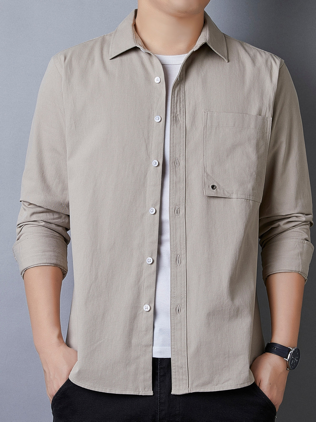 Men's Casual Pure Cotton Long-Sleeve Shirt for Spring and Autumn, Solid Color Simple Lapel Single-Pocket Shirt for Daily Commuting, Work, and Dating, Men's Top - Linen