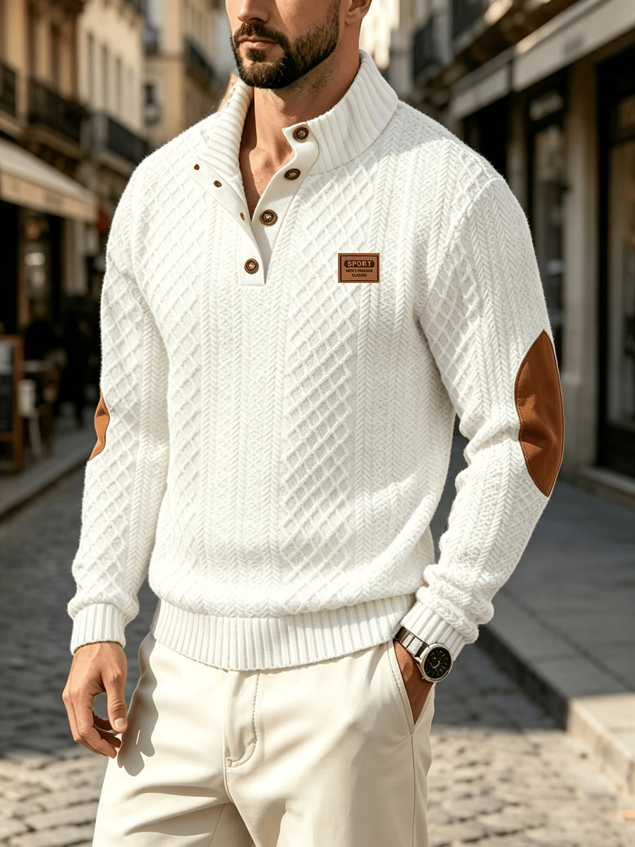Men'S Casual Sports Sweater, Knit Sweater, American Casual Textured Diamond Knit Top, Men'S Stand Collar Contrast Color Button-Up Loose All-Match Retro Velvet Sweater Jacket, Autumn Winter Casual Sweater, Multi-Color Available - White