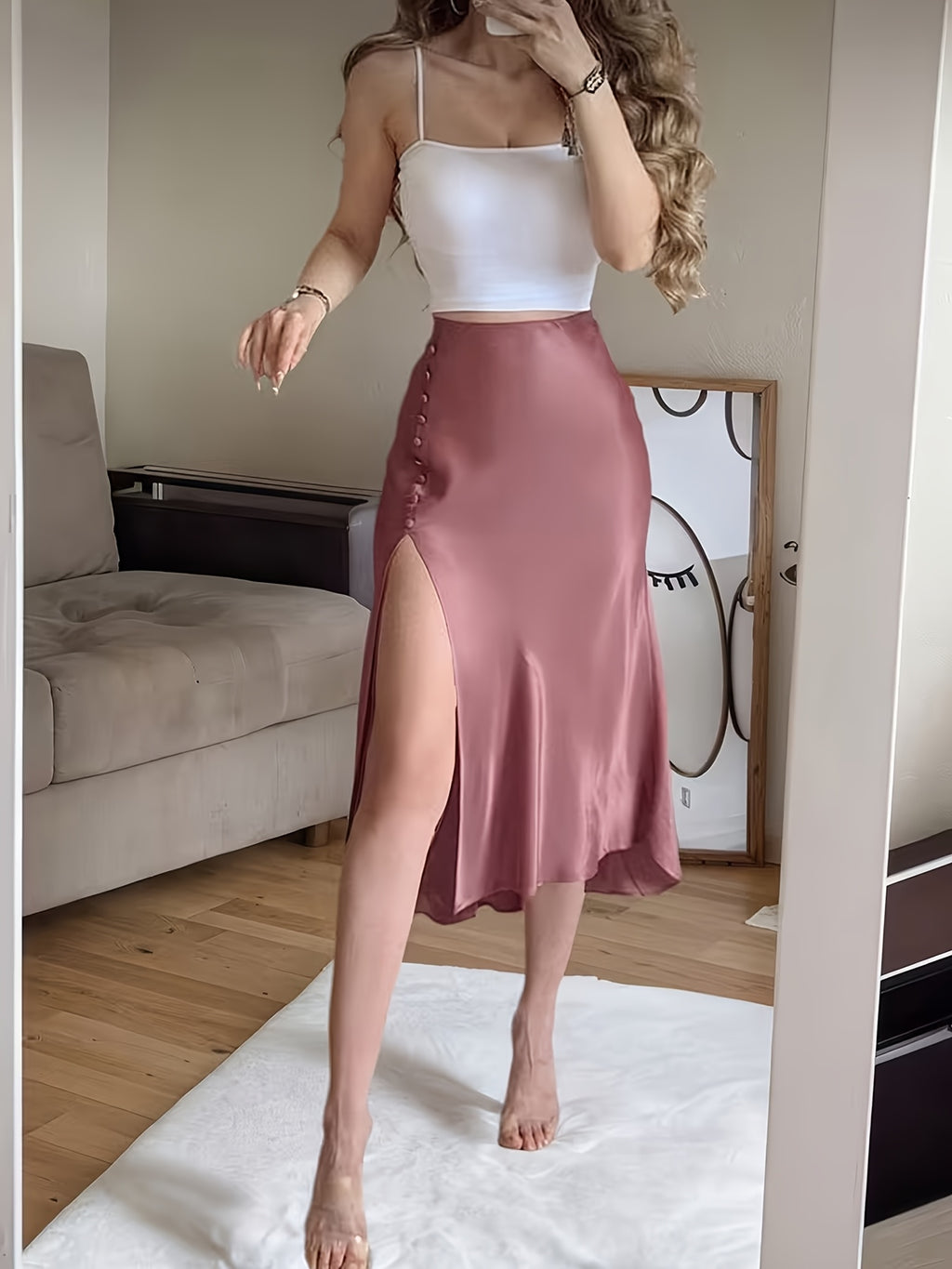 Spring/Summer New Satin Chiffon Multi-Button Women's Skirt - Peach