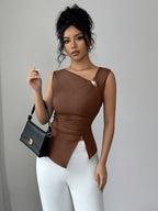 Women's Fashionable T-shirt Top with Slit Side Hem, Off-shoulder Neckline, and Decorative Embellishments - Dark Brown