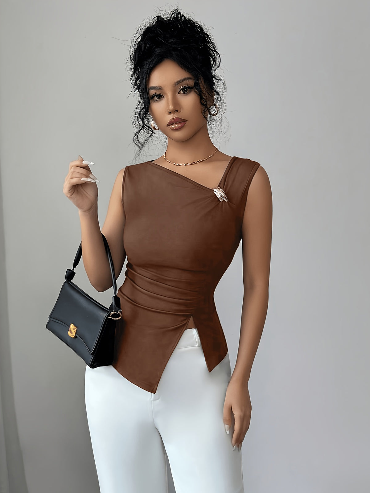 Women's Fashionable T-shirt Top with Slit Side Hem, Off-shoulder Neckline, and Decorative Embellishments - Dark Brown