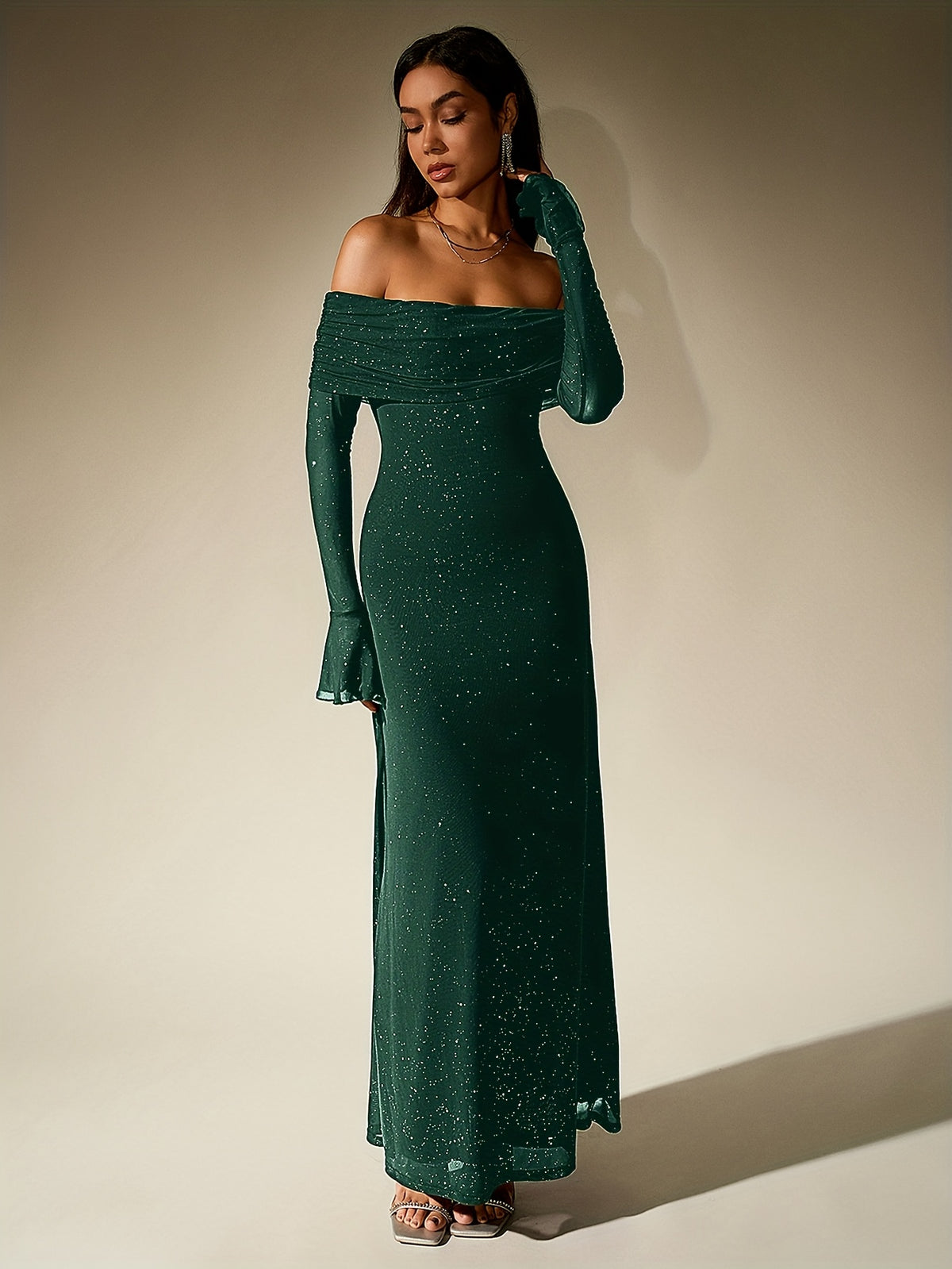 PARTHEA NewAsia Women's Bell Sleeve Off Shoulder Sequin Long Dress Backless Double Layer Club Party Sparkling Mesh Maxi Dresses Brown - Dark Green