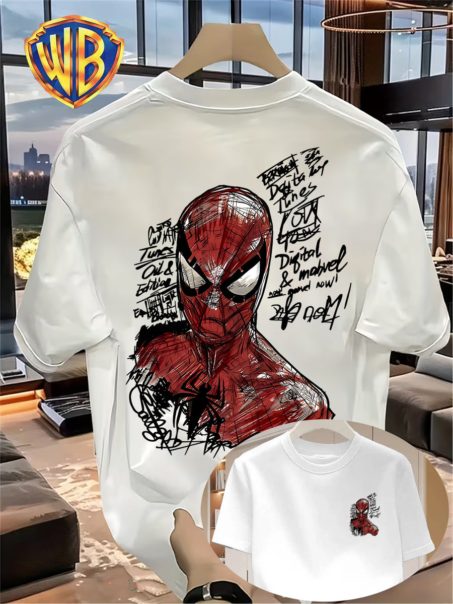 Hand-Drawn Line Art Retro Anime Front And Back Print, Summer Men'S Casual T-Shirt, Men'S Fashion Short Sleeve, Men'S Trendy Top, Loose Short Sleeve, Comfortable, Casual, Commute, Vacation, Premium, Couple Style, Student, Holiday, Gift, All Seasons - White
