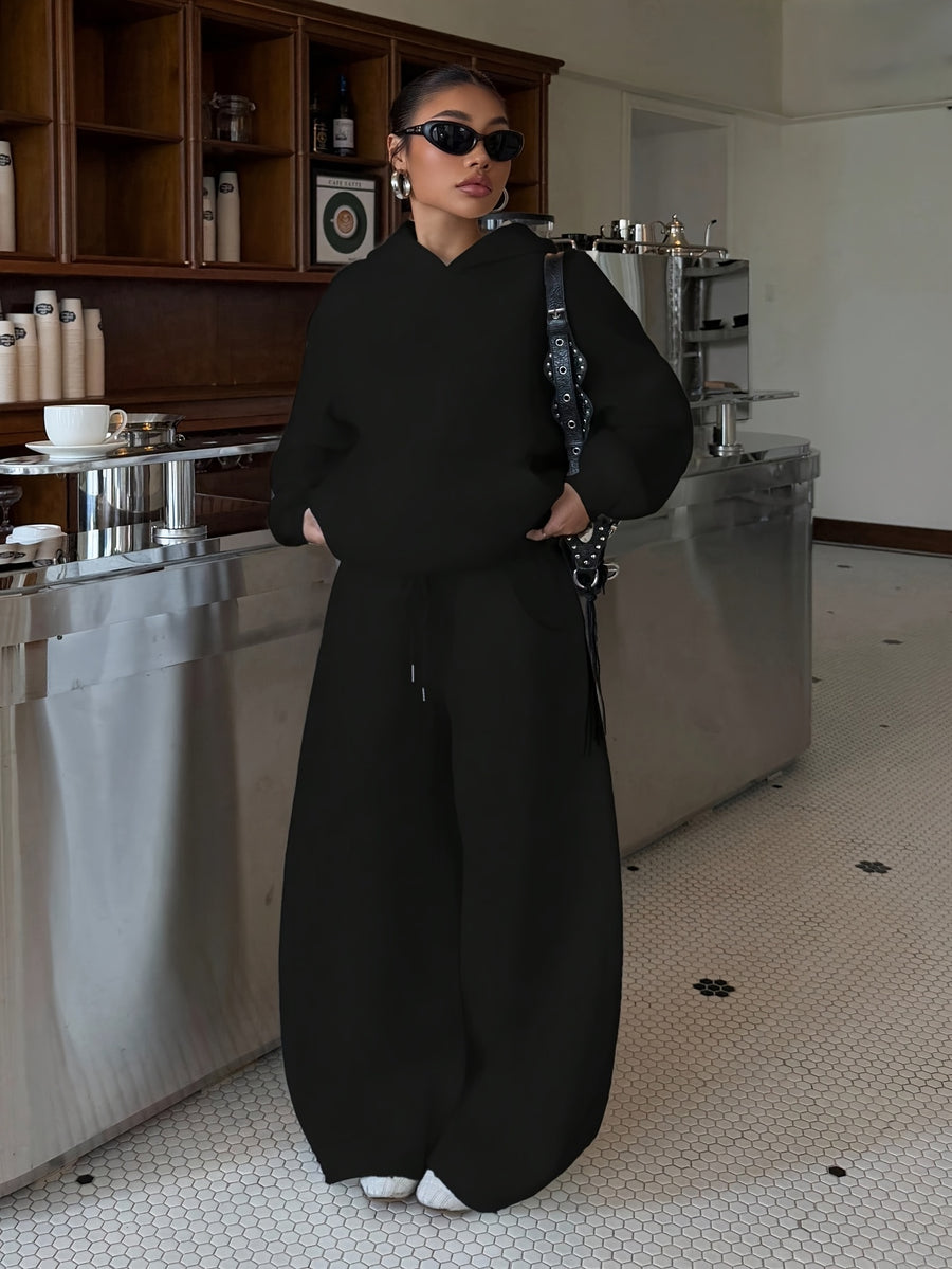 Women'S Fall Winter Athletic Sweatshirt And Long Pants Set, Top Loose Hooded Design, Bottom Loose Athletic Pants with Elastic Drawstring Waistband, Suitable for Outdoor Running, Gym Training, And Casual Home Wear, Comfortable And Non-Restrictive - Black
