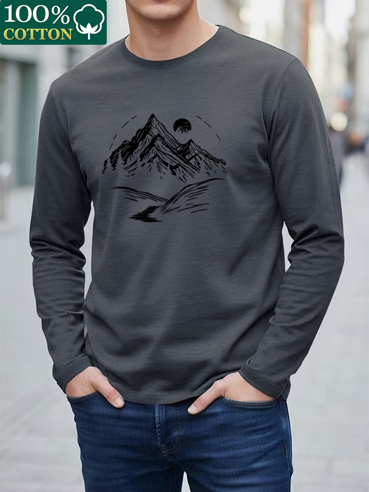 100% Cotton Men's Long-sleeve T-shirt, Pure Cotton Base Layer, Mountain Print Pattern, Suitable for All Seasons, Machine Washable - Dark Gray